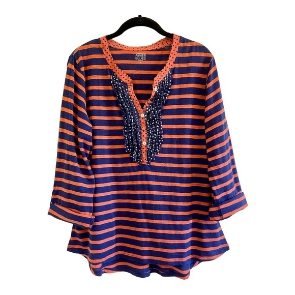 CANYON RIVER BLUES, WOMENS STRIPE TOP. V-NECK, BUTTON CLOSURE. SIZE XL - Picture 1 of 6